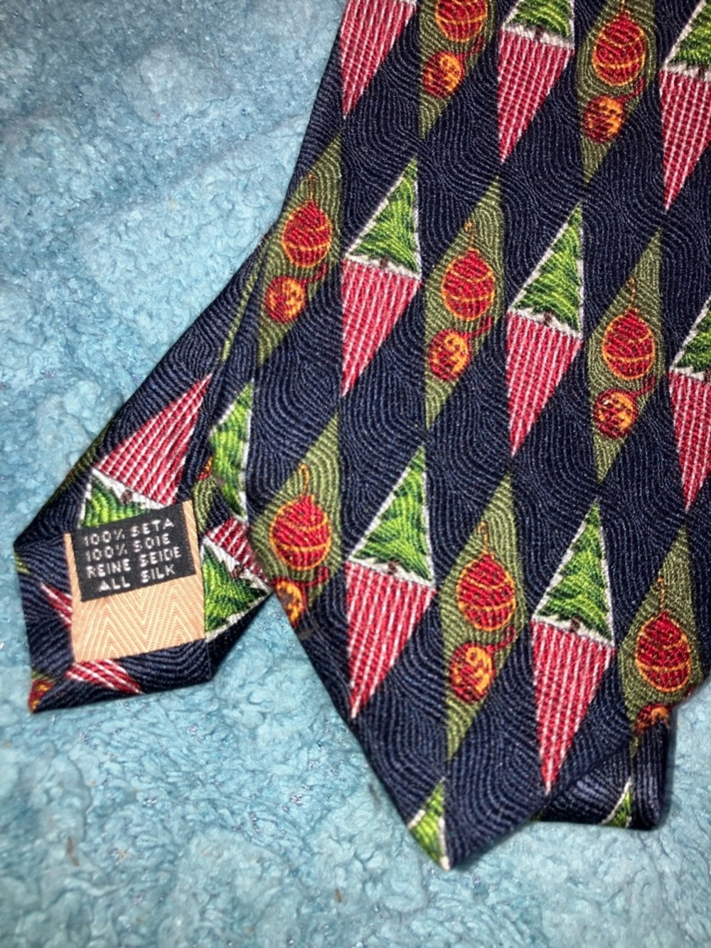 XYZ INC. Navy Silk Tie with Red and Green Holiday Trees & Ornaments Motif Silk - Picture 2 of 3